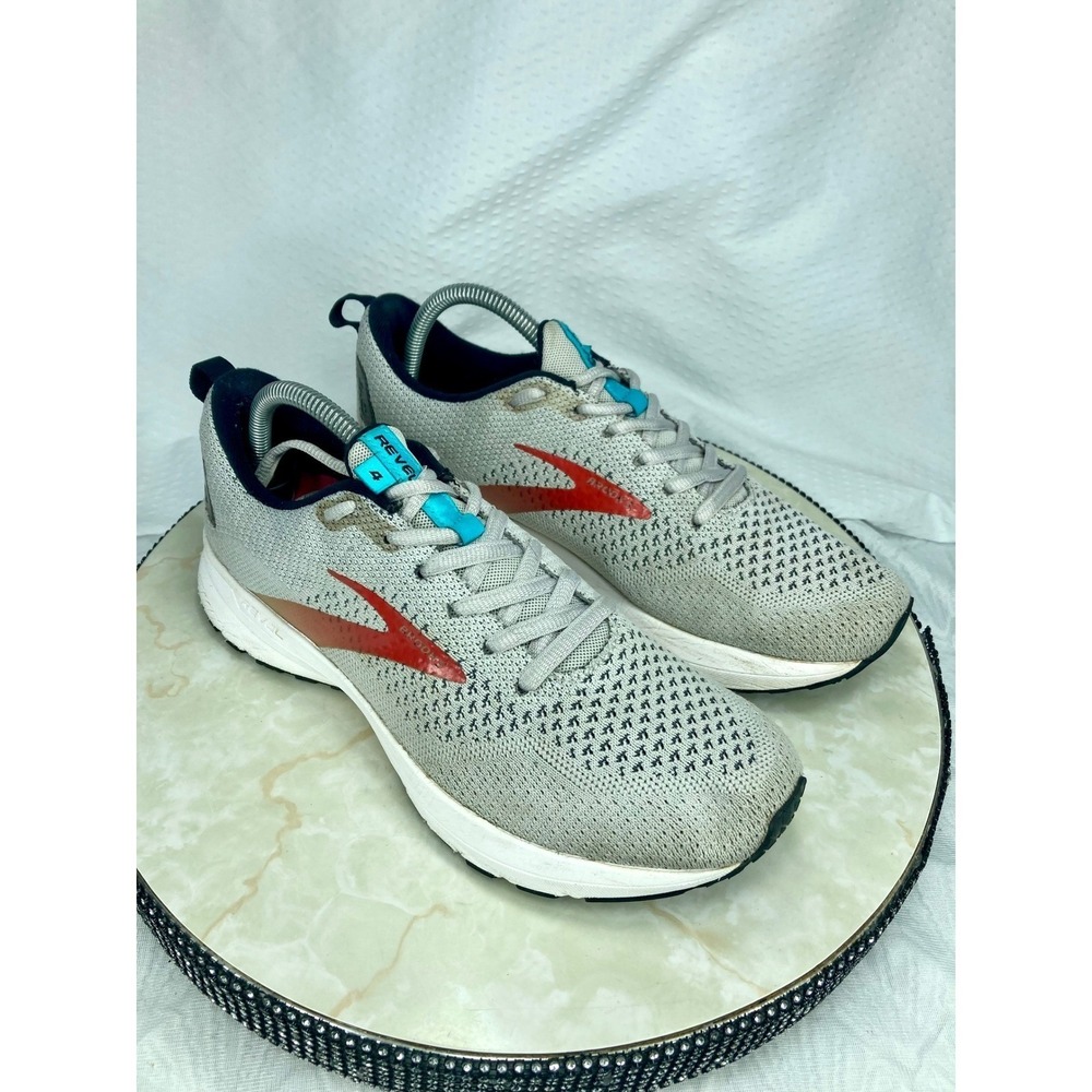 Brooks Revel 4 Running Shoes Womens 9 Grey Red Knit Athletic Sporty Gym Sneakers